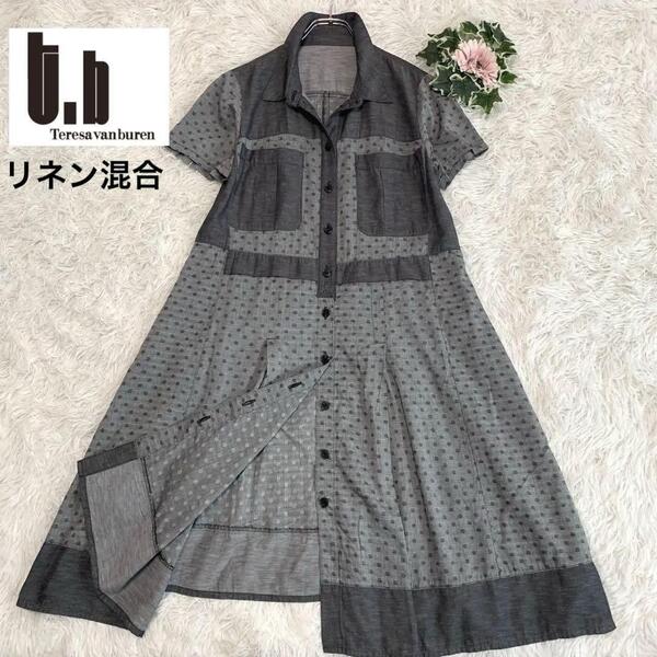 t.b【リネン混:麻/ドット柄/切替◆ロングワンピース/シャツ】L相当 ゆったり 半袖 襟:アシンメトリー グレー系 SENSOUNICO センソユニコ
