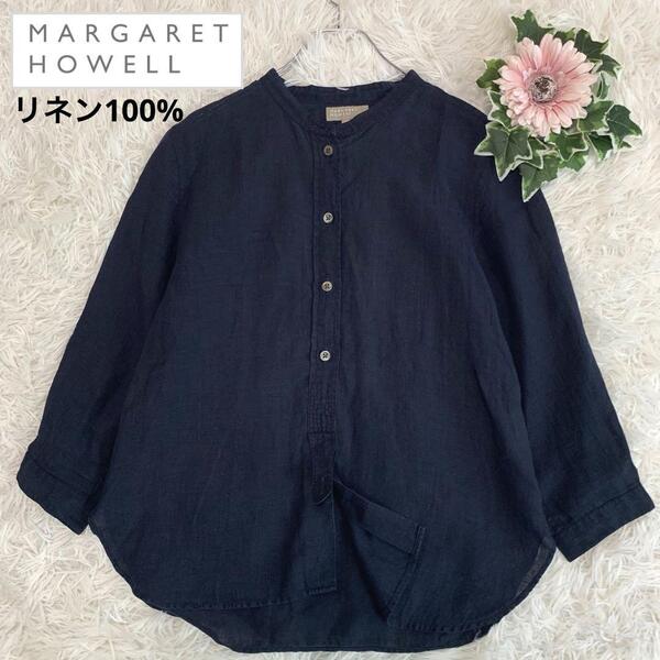 MARGARET HOWELL【リネン100%:麻/バンドカラー◆シャツ】S相当 カラーレス 洗える 選択可 ネイビー:紺色 レディース マーガレットハウエル