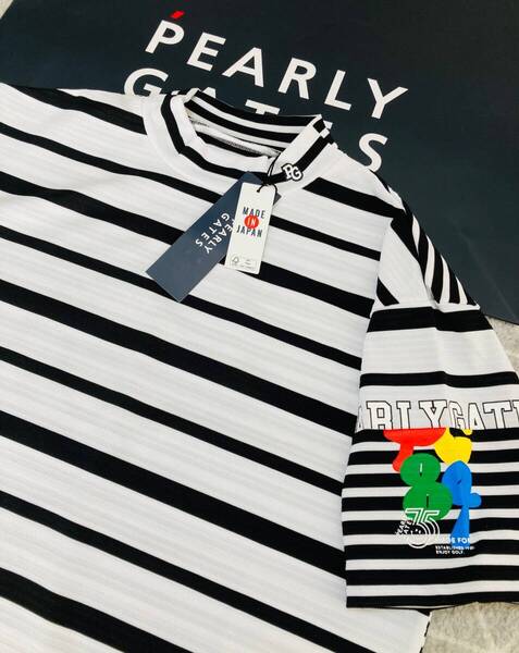 新品 パーリーゲイツ カノコ×天竺 半袖Relaxモックネックカットソー(5)サイズL/白 MIXボーダー柄 PEARLY GATES