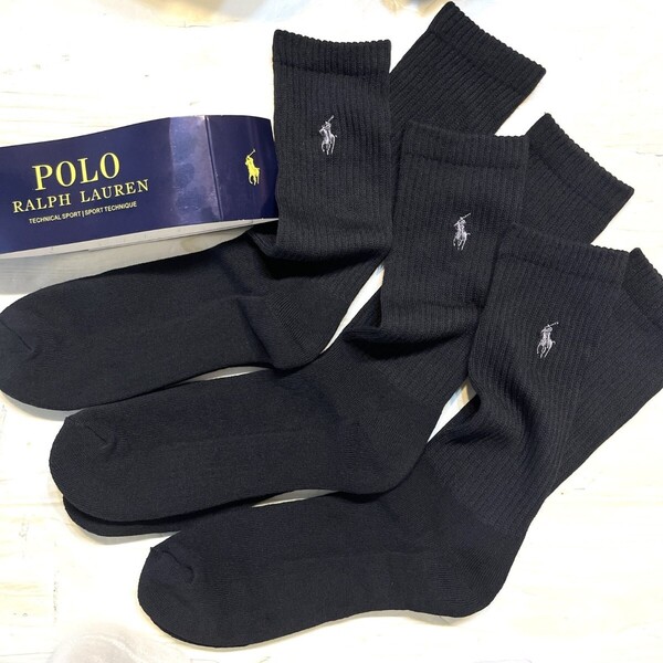 ブラック 黒 3足組 新品 polo RalphLauren ポロラルフローレン ブランド 靴下 ハイソックス プレゼント ロゴ 正規品 メンズ 紳士 ビジネス