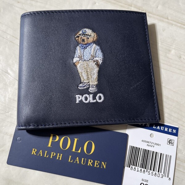 ポロ ラルフローレン ポロベアー 二つ折り 財布 刺繍 高級 新品 ブランド polo プレゼントメンズ 箱なし ギフト ロゴ 本革 レザー ネイビー