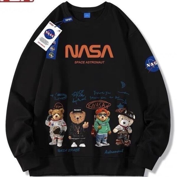 ベアー トレーナー ロングシャツ 長袖 日本未入荷 プレゼント パーカー 新品 NASA 宇宙飛行士 宇宙 裏起毛 厚手 レディース ブラックメンズ