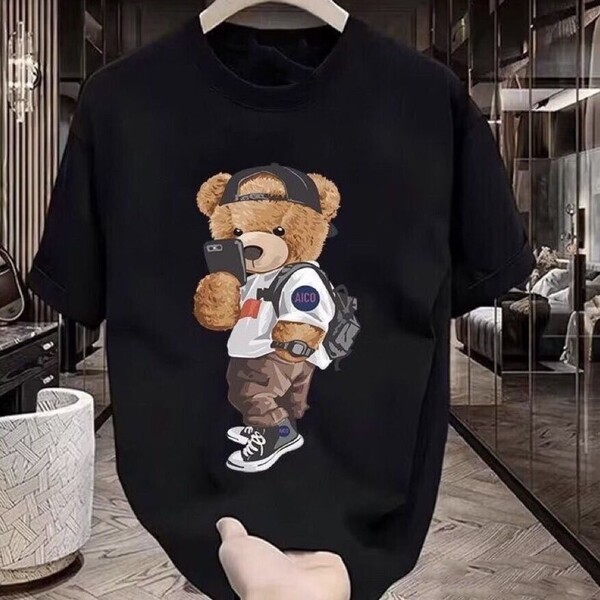 ベアー ブラック 新品 宇宙 半袖Tシャツ メンズ 黒 コットン 綿 激かわ 男女兼用 レディース Tシャツ 自撮り ストリート 野球帽 オシャレ