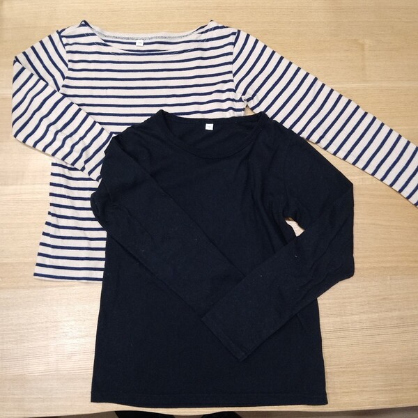 長袖 トップス 長袖Tシャツ 黒 ベージュボーダー 2枚セット 140