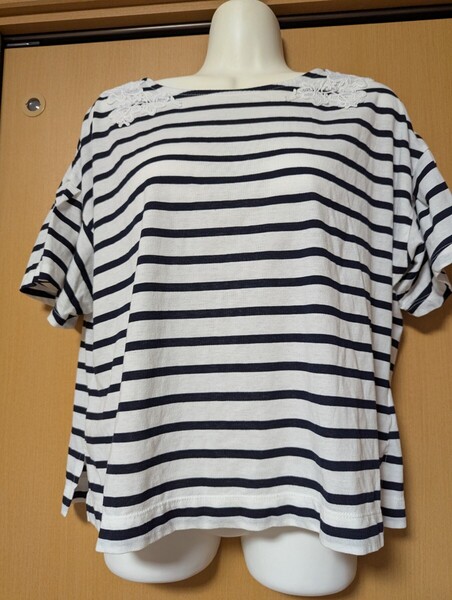 送料無料!HKエイチケーワークスロンドン●レディース●レース付半袖カットソー●Tシャツがわりに●ボーダー●白黒●LLサイズ