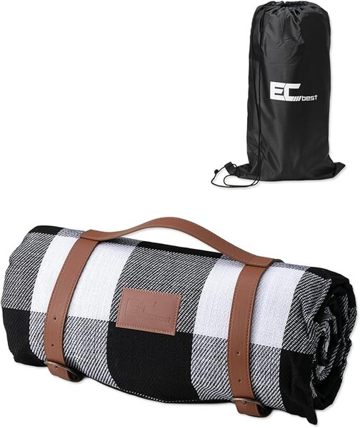 ECbest レジャーシート 厚手 大判200x200cm 3~8人用 防水 折りたたみ ピクニックシート 家族用 お花見 運動会 (ブラック&ホワイト)