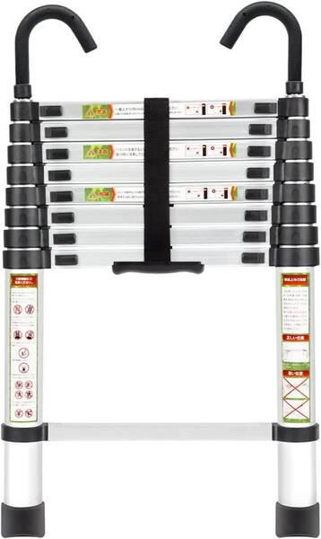 (フック付きシルバー, 2.6)伸縮はしご 耐荷重150kg 軽量 持ち運びやすい 折り畳み 伸縮梯子 多機能アルミはしご 自動ロック スライド式