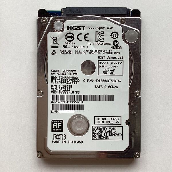 HDD 2.5インチ 500GB SATA 7mm 7200rpm HGST 正常品