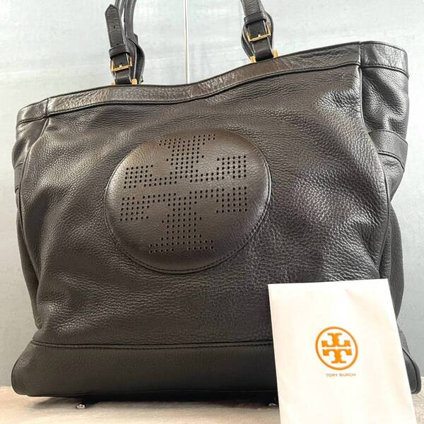 【美品/A4】 トリーバーチ TORY BURCH トートバッグ ハンド パンチング ビッグロゴ A4収納 大容量 肩掛け 黒 オールレザー ビジネス