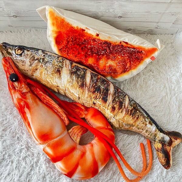 リアル海老ぬいぐるみ どでか餃子ぬいぐるみウルトラBIG 焼きサンマクッション 3点セット リアル 食べ物 3