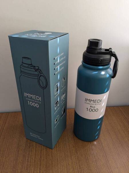 ステンレスボトル 1000ml ブルー 保冷 氷が入れやすい 広口 直飲みタイプ 1L 取っ手付き 表面滑りにくく加工
