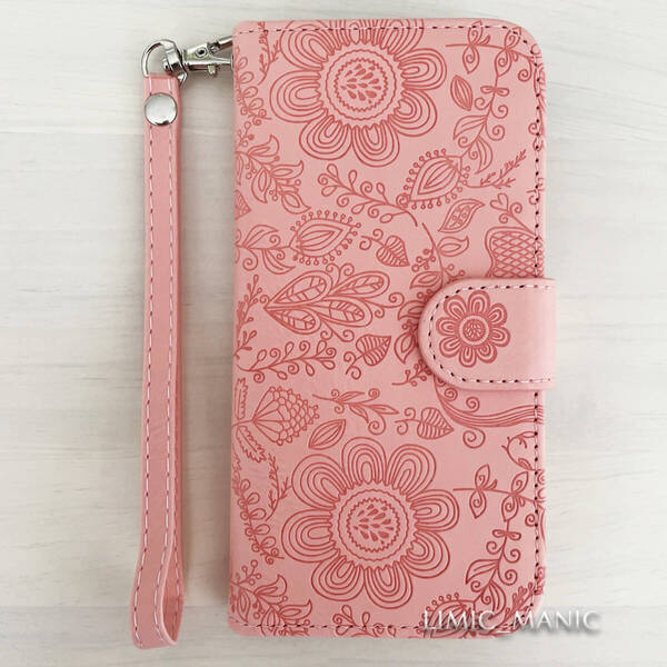 iPhone SE3/SE2/8/7 SE (第2/第3世代) ケース 手帳型 カードケース エンボス加工 キャンディカラー 花柄 ストラップ付 ピンク