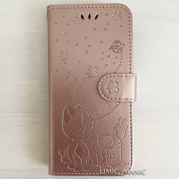 iPhone SE3 SE2 8 7 SE (第2/第3世代) ケース スマホ 手帳型 カードケース ローズゴールド 猫 CAT 猫ちゃん 蝶 花