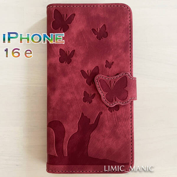 iPhone 16e (SE4) ケース スマホ 手帳型 カードケース レッド 赤 猫 CAT ねこ 蝶 エンボス加工 アイフォン
