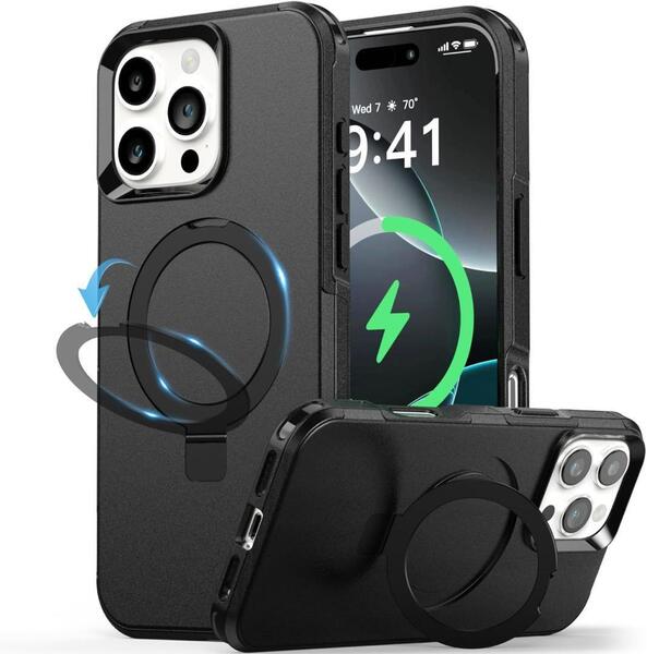 iPhone16promax ケース magsafe対応 スタンドリング付き 指紋防止 マットな質感 米軍MIL規格 耐衝撃 高耐久性 ブラック 新品 未使用