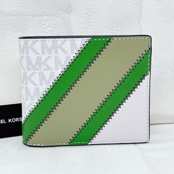 MICHAELKORS マイケルコース 折財布 二つ折り 財布 ウォレット シグネチャー MK 総柄 ライン 新品未使用 タグ付き メンズ 現行 レザー 白