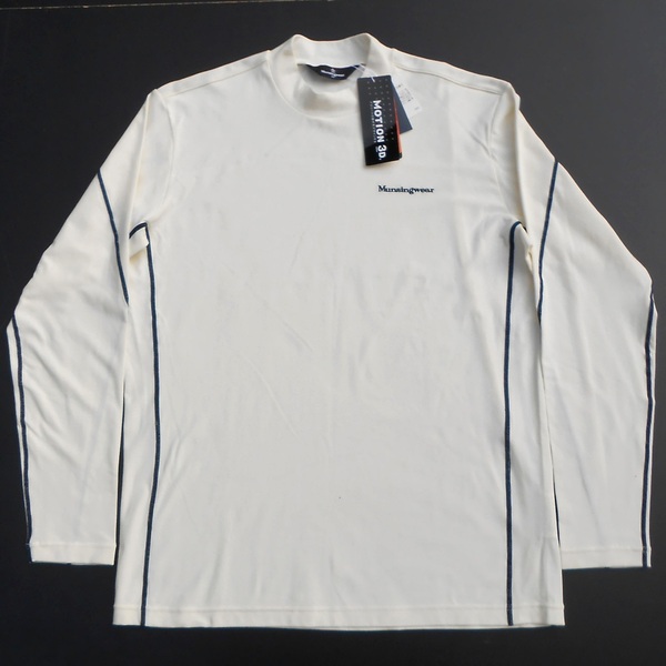未使用 マンシングウエア Munsingwear 長袖 ゴルフシャツ L モックネック オフ白x紺 ロゴ刺繍 オフホワイトxネイビー 防風 デサント 3D縫製