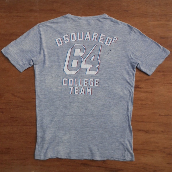 正規 ディースクエアード DSQUARED2 半袖 Tシャツ 後ロゴ Vネック M カットソー ミックスグレーxトリコロール 灰 ヴィンテージユーズド加工