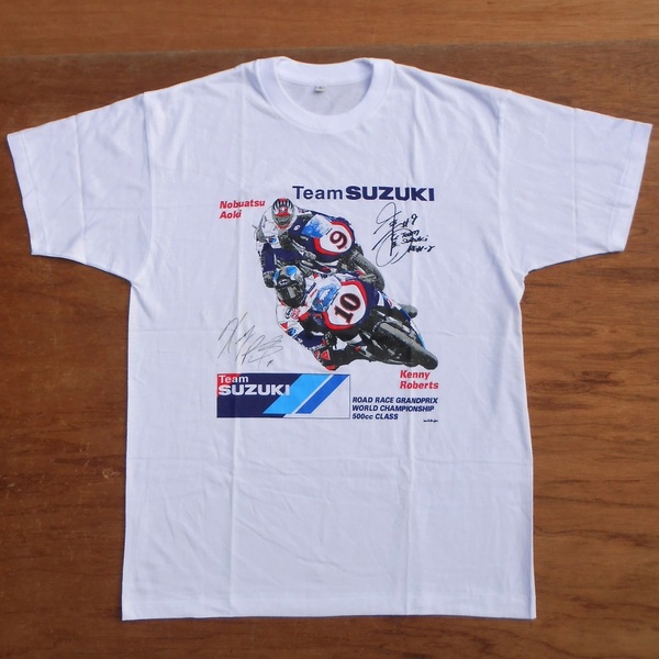 未使用 Team SUZUKI チーム スズキ 半袖 Tシャツ L 白 10 ケニーロバーツ Kenny Roberts 9 青木宣篤 Nobuatsu Aoki 500cc デッドストック