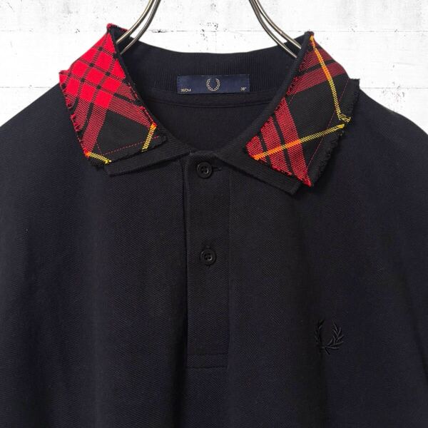 美品 FRED PERRY 半袖 ポロシャツ タータンチェック柄 ポルトガル製 フレッドペリー 黒色 ブラック 38 L XL カットオフ ドッキング
