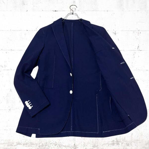 美品 LARDINI シアサッカー テーラード ジャケット ウール ステッチ ラルディーニ イタリア製 ネイビー 紺色 48 L アンコン