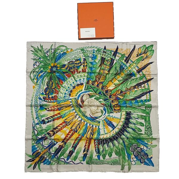 未使用 HERMES DANSE PACIFIQUE カレ90 スカーフ エルメス シルク 100% 付属品 ショップカード 箱 ダンスパシフィック
