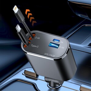 4 in 1 シガーソケット USB 充電器 巻き取り式 カーチャージャー 急速充電 充電ケーブル 2本 Type-C/Lightning DC12/24V車対応 車載充電器