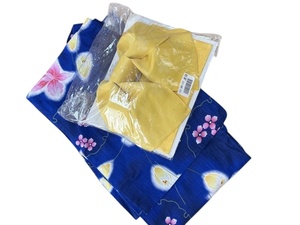 Женская юката оби набор, японский цветок, синий, сделано в Японии, связанный оби, работа пояса, лента, цветок сакуры узор, юката, легко одеваться, желтый, ямабуки, желтый, горчица.