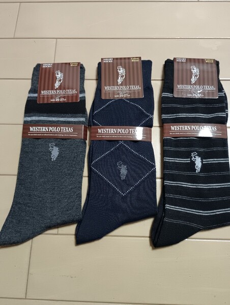 ☆新品☆WESTERN POLO TEXAS☆メンズ 靴下3足セット☆グレー&紺色&黒色☆サイズ25cm~27cm☆ポロ☆ソックス☆