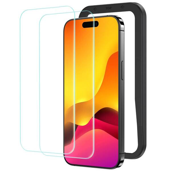 【在庫処分】強化ガラス 保護フィルム iPhone15Pro用 ガイド枠付き 2枚セット ガラスフィルム アイフォン15プロ対応