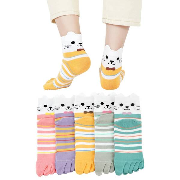 【新着商品】女性用靴下 猫柄 5本指ソックス 蒸れない おしゃれ 五本指くつした かわいい 5本指靴下 くるぶし丈 脱げない 春夏