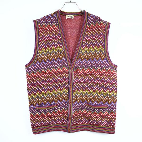 MISSONI SPORT ビンテージ ギザギザ総柄 ニットベスト ノースリーブ イタリア製 ミッソーニ スポーツ 古着屋 マルチカラー