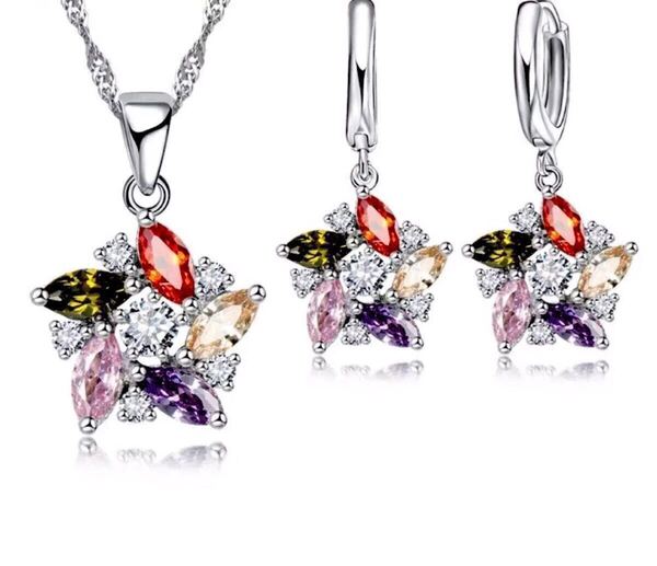 新品 AAA CZ ダイヤモンド カラフル ジュエリー 2点 セット ピアス ネックレス 925 刻印 有 ダイヤモンド 花 可愛い プレゼント 送料無料