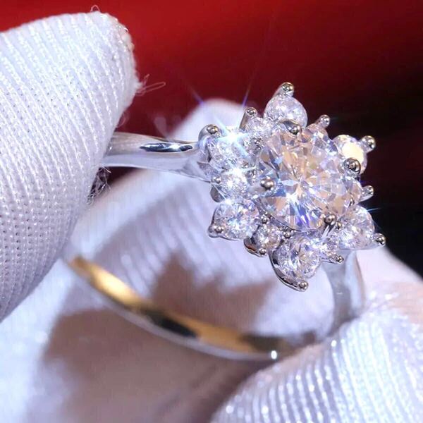 新品 14号 AAA CZ ダイアモン フラワーリング ホワイトゴールド18KGP ダイヤモンドリング ダイヤ プレゼント 花 シルバー 送料無料