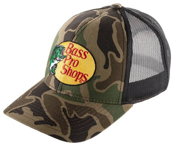 新品未使用! バスプロショップス カモフラ ロゴ メッシュキャップ フリーサイズ 迷彩 BassProShops ブッシング 釣り アウトドア 帽子