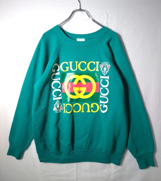 80s USA製 グッチ GUCCI ブート プリントスウェット L 緑 検索 ヴィンテージ 80年代 90s チャンピオン リバースウィーブ 古着