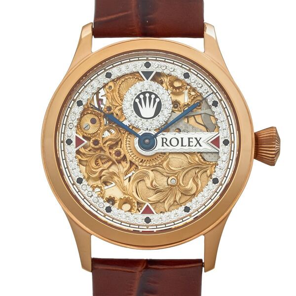 VINTAGE 懐中時計から変換されたROLEXの腕時計 新品ケース42mm シルバーダイヤル レザーバンド