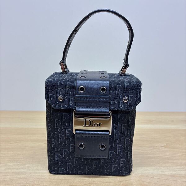 【美品】Christian Dior クリスチャンディオール トロッター柄 バニティ ポーチ ハンドバッグ ミニバッグ ブラック