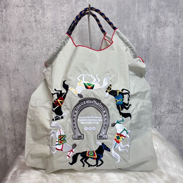 韓国 刺繍ショッピングバッグ ボールアンドチェーン トートバッグ エコバッグ 大容量 軽量 新品 ホースシュー