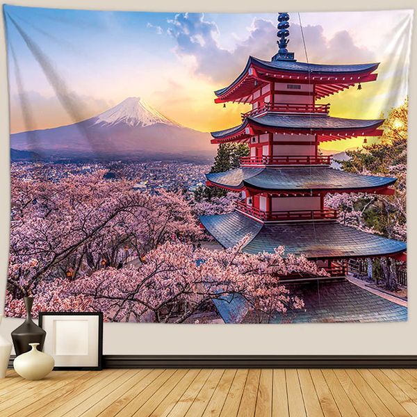 タペストリー 壁飾り 壁掛け装飾布 布ポスター 部屋飾り 背景布 インテリア カーテン 五重塔と桜と富士の絵柄 150x130cm