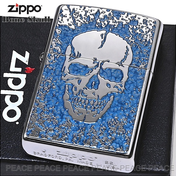 ZIPPO ライター スカル&ロゴ ブルー 両面柄違い 細密メタル ジッポー