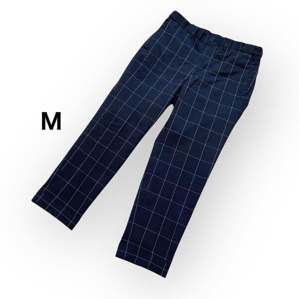 【送料無料】GLOBAL WORKグローバルワーク クロップド パンツ ストレッチ チェック ネイビー ダブル 七分丈 ボトムス メンズM