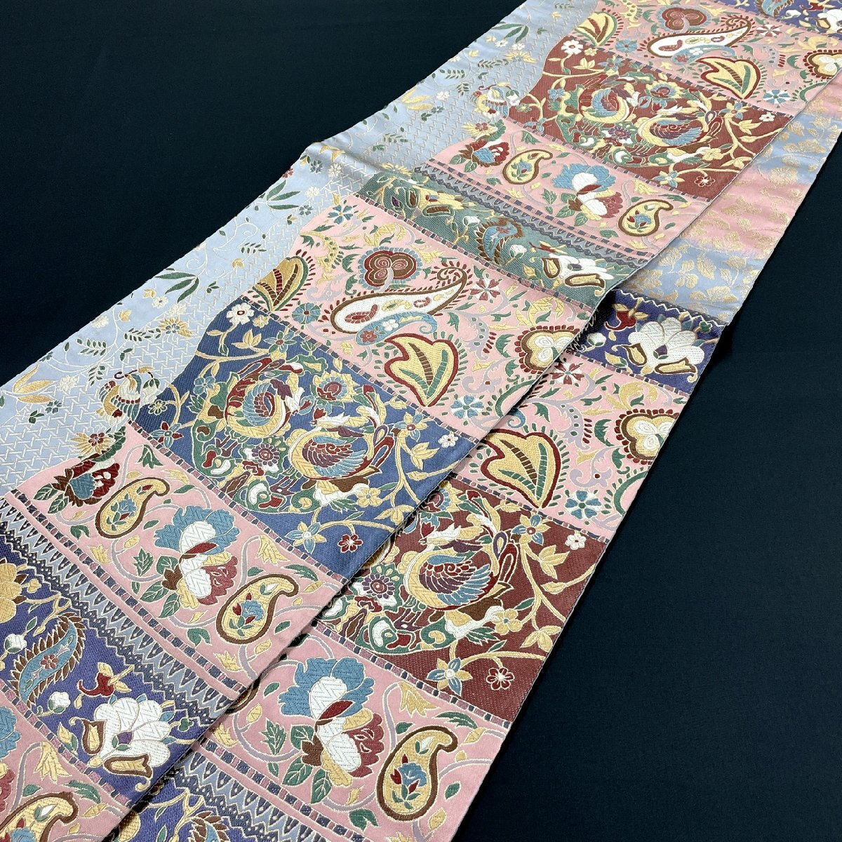 在庫一掃】 袋帯 美品 秀品 向かい鳥 華文 金糸 箔 金色 六通