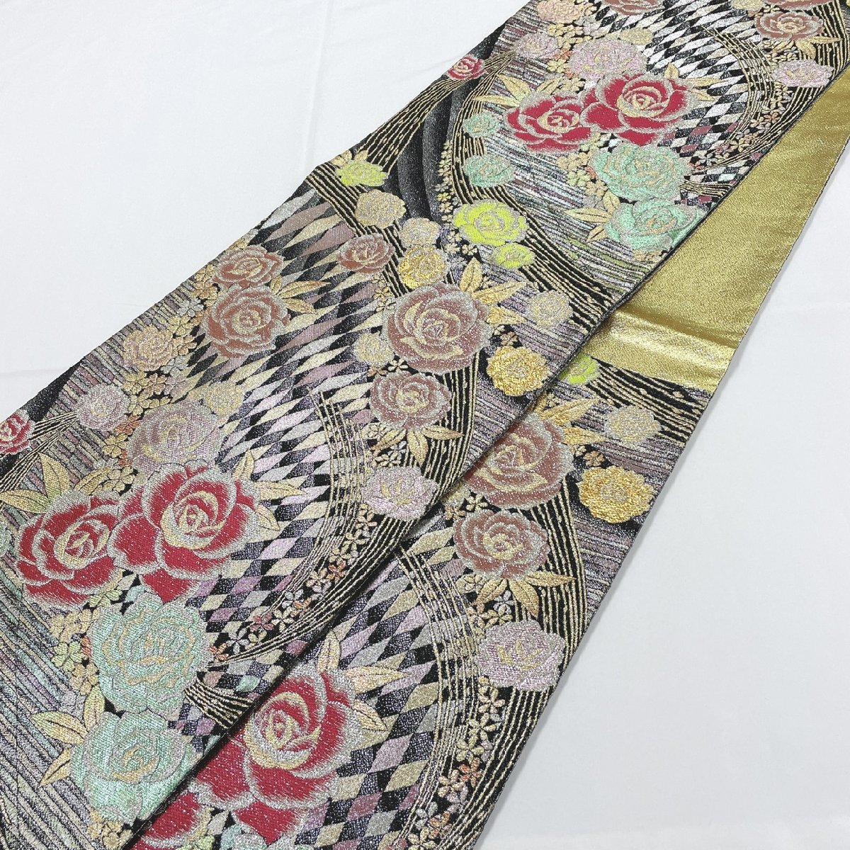袋帯 美品 秀品 やまと 薔薇 桜 箔 銀色 六通 正絹 【中古
