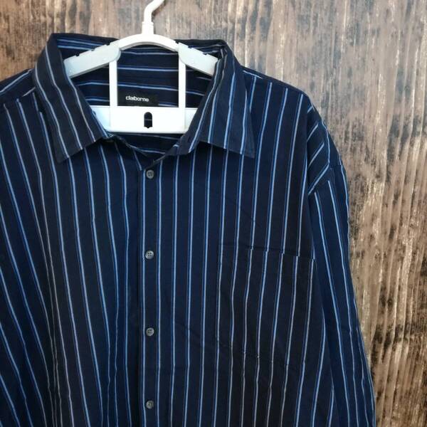 中古 アメリカ古着 claiborne クレイボーン 長袖シャツ メンズ 3XLサイズ XXXL 4L 紺 ネイビー ストライプ カジュアル おしゃれ 送料無料
