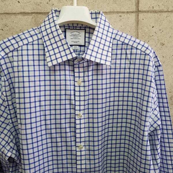 中古 アメリカ古着 CHARLES TYRWHITT チャールズ・ティアウィット 長袖シャツ メンズ 2XLサイズ相当 XXL 3L 白 青 チェック カジュアル