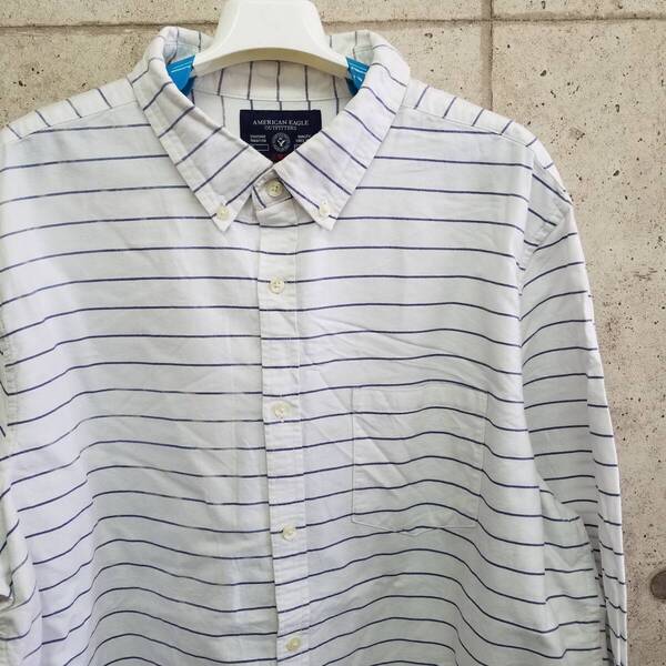 中古 アメリカ古着 AMERICAN EAGLE アメリカンイーグル 長袖シャツ メンズ 2XLサイズ XXL 3L 白 青 ボーダー カジュアル おしゃれ 送料無料