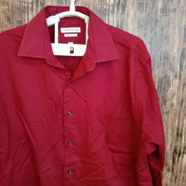 中古 アメリカ古着 VANHEUSEN ヴァンヒューゼン 長袖シャツ メンズ Lサイズ相当 濃赤色 ダークレッド カジュアル おしゃれ 送料無料