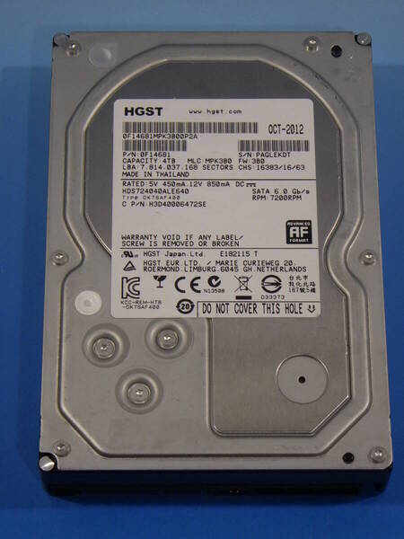 HGST HDD 4TB 4000GB 12212時間 Hitachi 3.5インチ ハードディスク 中古品