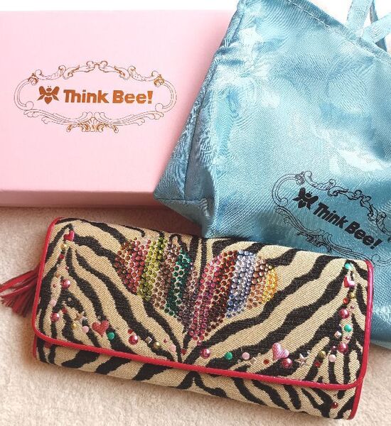 Think Bee シンクビー 長財布 ハート ビジュー ラインストーン ゼブラ柄 ベージュ×ブラック
